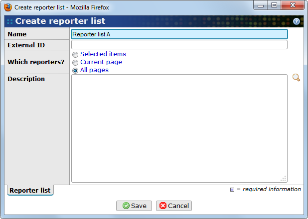 The Create reporter list called from the reporters page.
